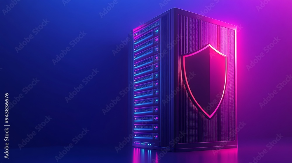 Poster cybersecurity server with neon shield icon, showcasing modern technology and data protection in a di