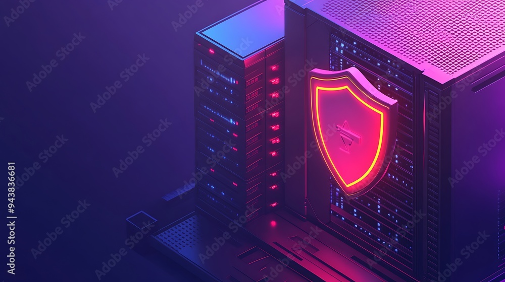 Poster cybersecurity server with glowing shield, protecting data in a modern technology environment. concep