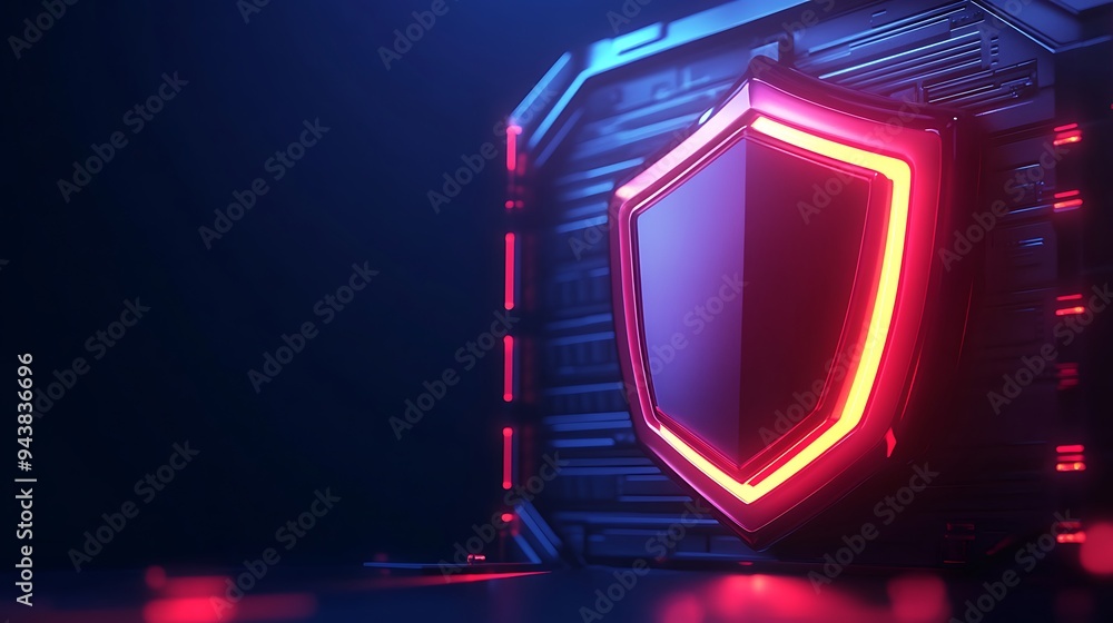Poster cybersecurity shield glowing in red light on a digital background, symbolizing data protection and o