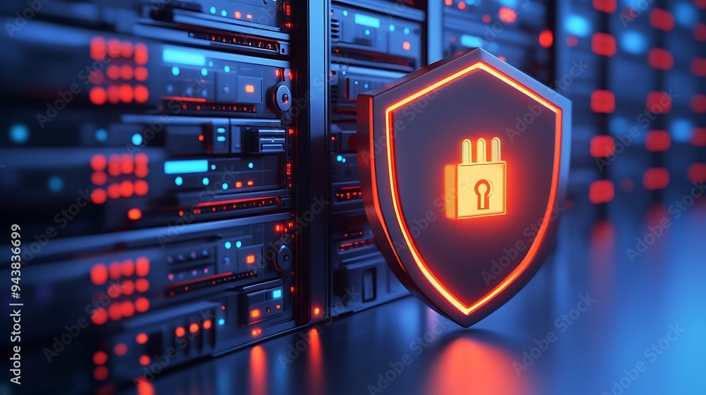 Poster cybersecurity shield icon glowing in a server room, representing data protection and network safety 