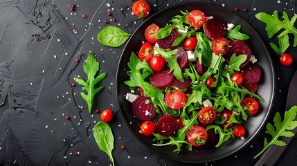 An artistic shot of a dark plate filled with roasted beets, goat cheese, and arugula, set against a dark background, focusing on the vivid colors and textures, with dramatic lighting and high detail.