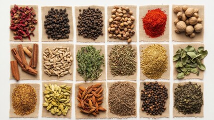 Top view of Herbs and spices isolated on background