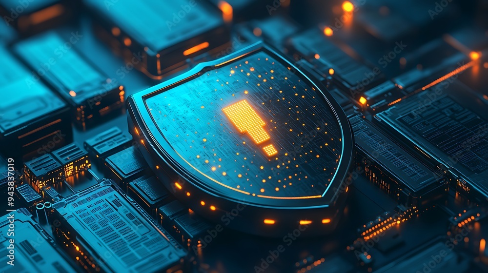 Poster cybersecurity shield on a digital circuit board, symbolizing protection of sensitive data against cy