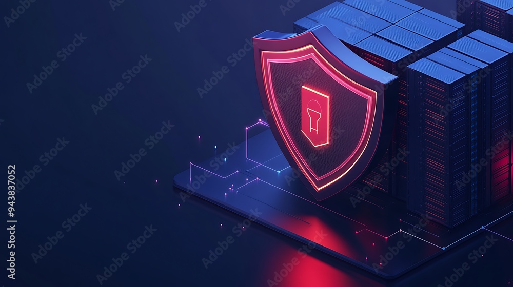 Poster cybersecurity shield with glowing lock icon protecting digital data servers in a dark background, re