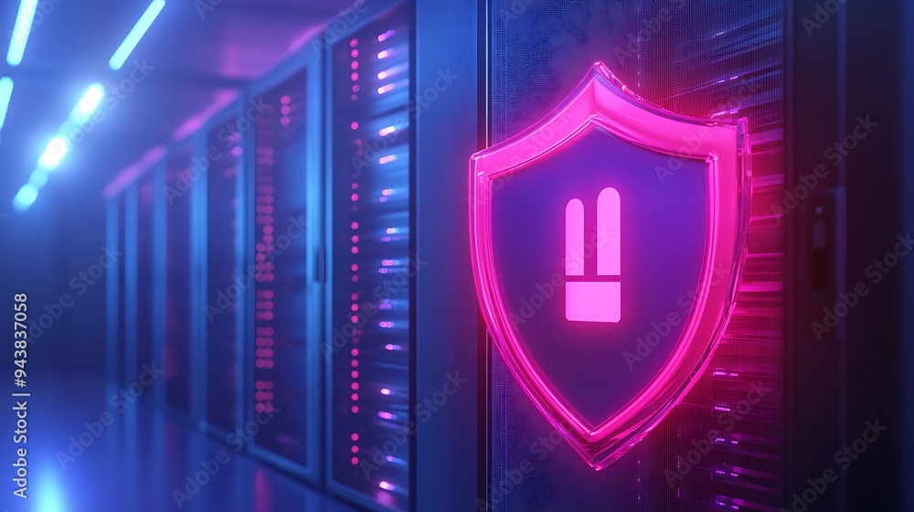 Poster data center cybersecurity with glowing shield icon and server racks, representing data protection an