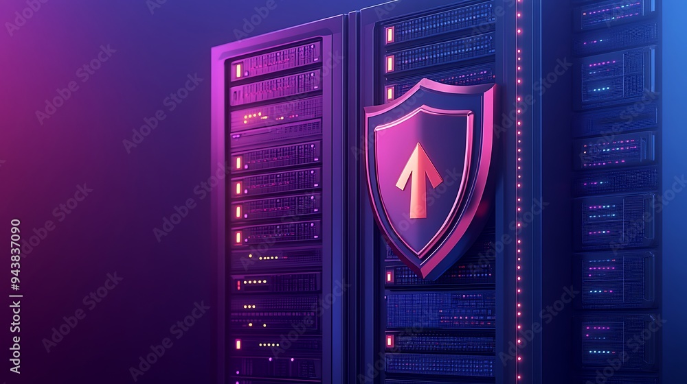 Poster data center security concept with illuminated server racks and shield symbol representing cyber prot
