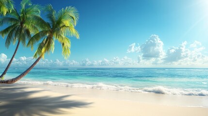 Fototapeta premium Paradise beach with white sand and coco palms. Summer vacation and summer holiday concept