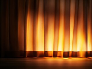 Warm glow behind closed curtains, casting soft shadows and creating a cozy, tranquil ambience in a dimly lit room.