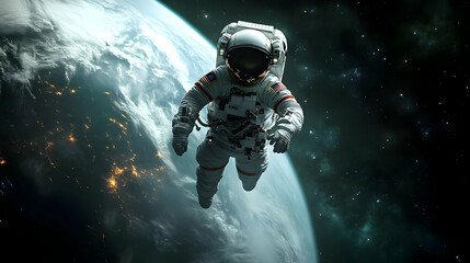 Astronaut floating in space, Earth in the background.