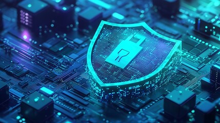 Cybersecurity shield protecting microchip on circuit board, symbolizing data protection and digital security in modern technology.