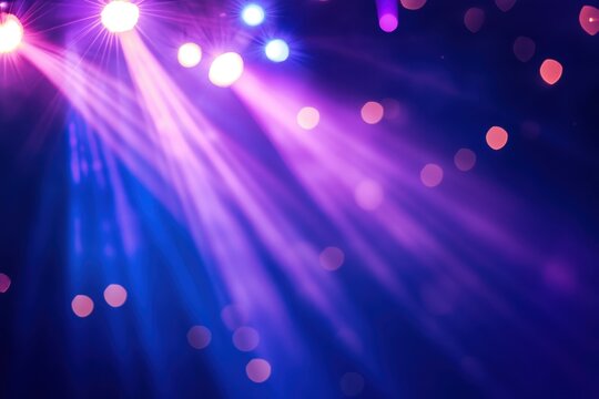 Vibrant concert stage lights creating a festive atmosphere with colorful beams and bokeh effects, perfect for events and entertainment themes.