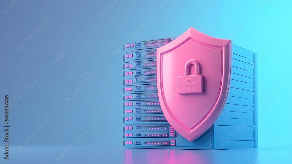 Poster data security concept representing server protection with pink shield and padlock, emphasizing infor