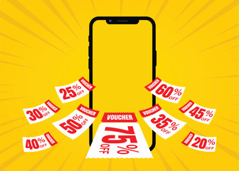 Flying red vouchers with yellow background, vouchers, exchange. Discount, profitable purchases, Offers, Special premium price offers sale coupon. vector illustration, mobile pop up vouchers.