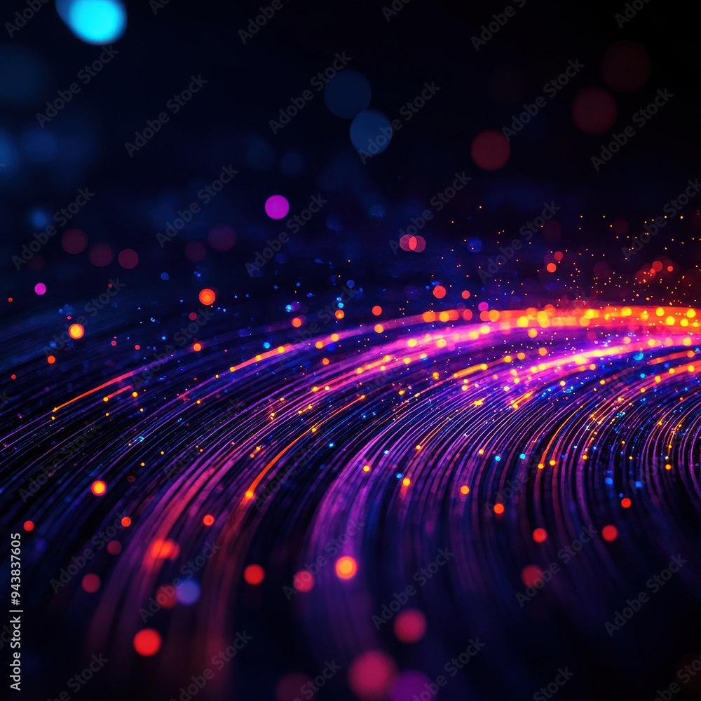 Poster Vibrant abstract digital light trails with colorful bokeh background, representing data streams, technology, and futuristic design.