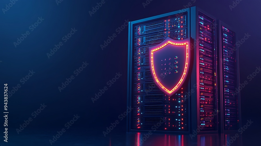 Poster data security concept with a glowing protective shield on a server in a dark room. high-tech cyberse