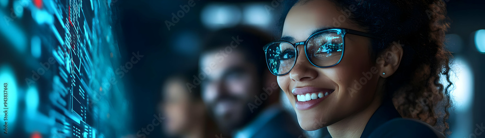 Poster people with glowing inventory software and joyful expressions concept as a group of people using glo
