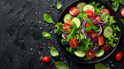 An artistic shot of a vibrant vegetable salad with bell peppers, cherry tomatoes, cucumbers, and red onions, lightly dressed in vinaigrette, set against a dark background,