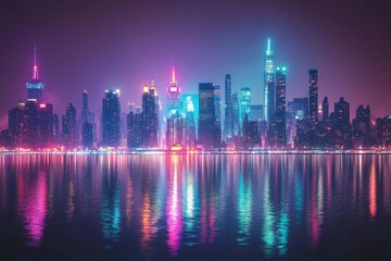 Fototapeta premium A neon lit cityscape at night by the water.