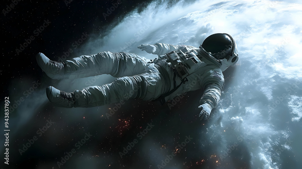 Poster Astronaut floating in space, overlooking a planet with a cloudy atmosphere.
