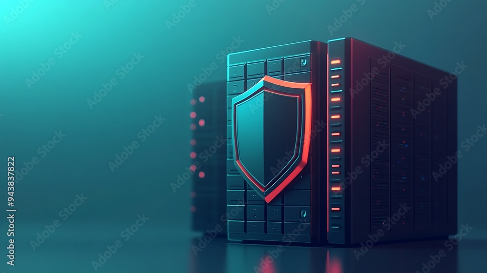 Aufkleber data security concept with server rack and shield icon, representing cybersecurity and protection of