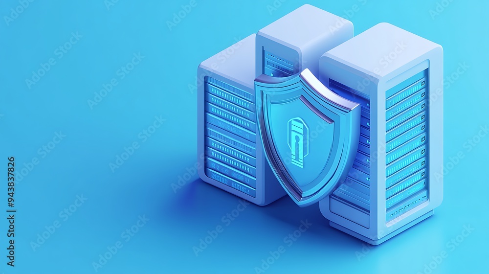 Poster data security concept with server racks and a protective shield representing cybersecurity and infor