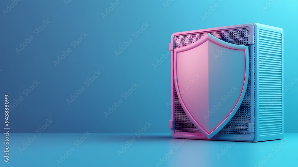 Poster data security concept with shield on a server. protecting information and ensuring cybersecurity in 