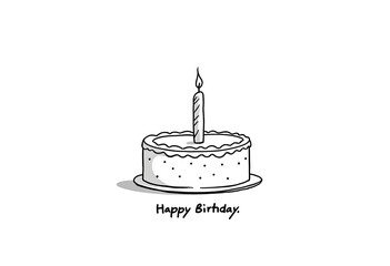 Minimalist Hand-Drawn Happy Birthday Cake Illustration with Single Candle