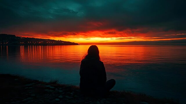 Contemplative figure sitting by the ocean at sunset with vibrant orange and red skies. Peaceful animation background.