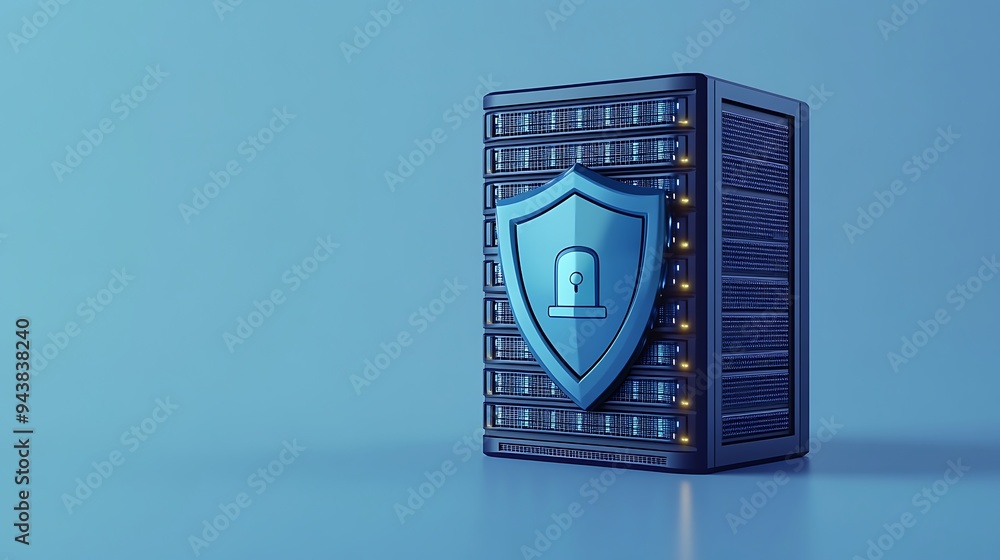 Poster data server protected by a digital security shield, highlighting information security and safeguardi