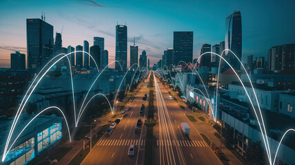 Obraz premium Smart city digital transformation concept with band lights over a modern urban cityscape at night, highlighting 5G technology and fiber optics for fast internet communication