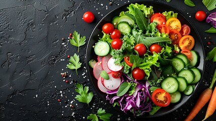 Close-up of a colorful mix of vegetables including bell peppers, cherry tomatoes, cucumbers, carrots, purple cabbage, and radishes, arranged beautifully on a dark plate, set against a dark background,
