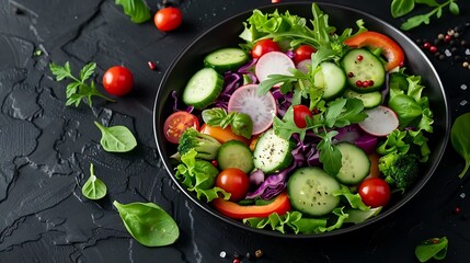 Close-up of a colorful mix of vegetables including bell peppers, cherry tomatoes, cucumbers, carrots, purple cabbage, and radishes, arranged beautifully on a dark plate, set against a dark background,