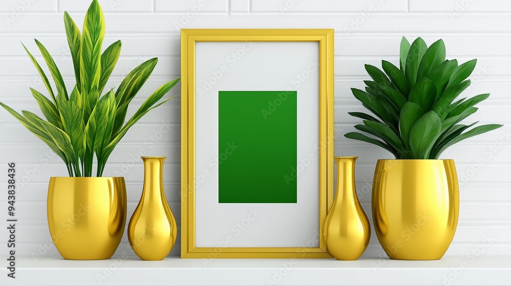 Poster a white frame with a green square sits on a shelf with four gold vases. the vases are arranged in a 