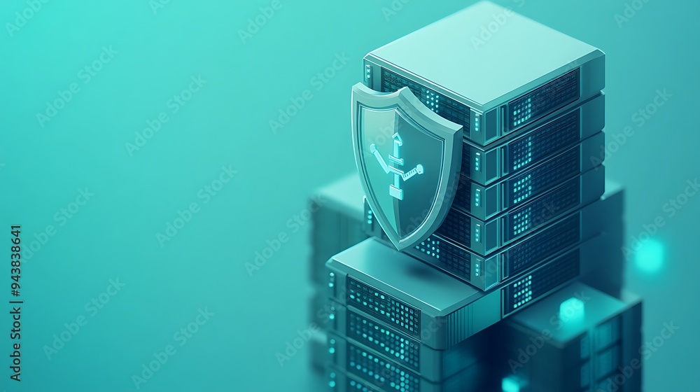 Aufkleber data server stacks secured with a shield symbol, representing cybersecurity and data protection in t