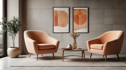 two vibrant peachy armchairs near wooden table against concrete tile wall with two paintings
