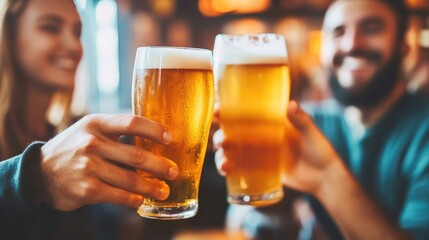 Group of friends drinking and toasting glass of beer at brewery pub restaurant- Happy multiracial people enjoying happy hour with pint sitting at bar table- Youth Food and beverage lifestyle concept