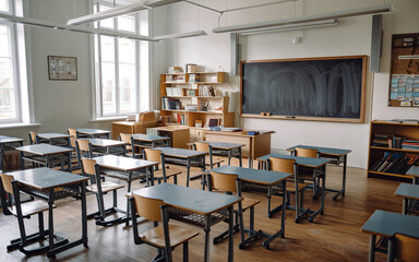 Empty high school classroom interior, featuring desks and chairs arranged for a back-to-school setting, emphasizing a clean and organized space ready for students