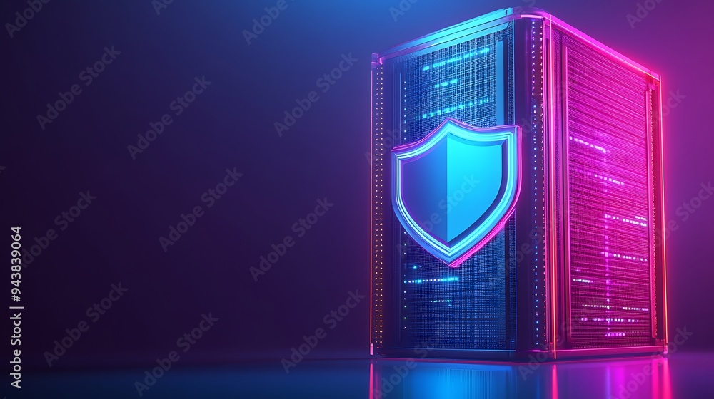 Aufkleber data server with shield representing cybersecurity. modern technology protection concept. neon light