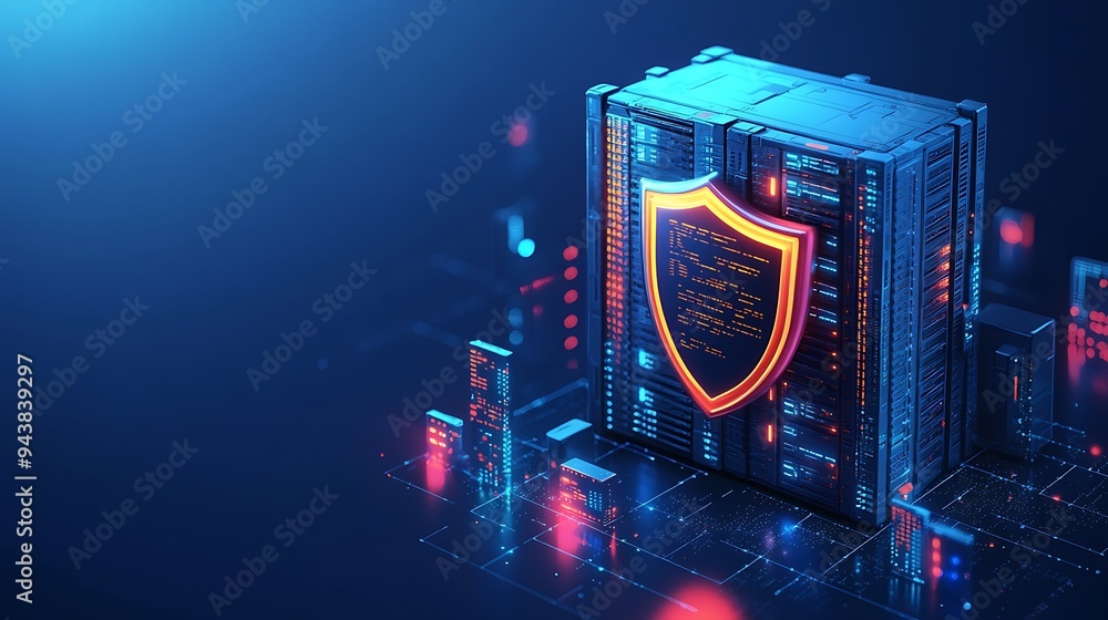 Poster digital cybersecurity concept with a glowing shield icon on a server, symbolizing data protection an