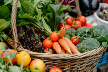 Organic farm cooperative supplying fresh produce to local urban communities.A carefully arranged wicker basket overflowing with fresh fruits and vegetables