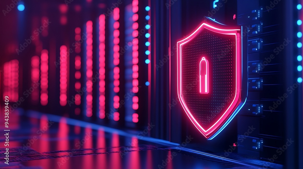 Poster digital cybersecurity concept with a neon shield icon protecting server racks in a dark data center.