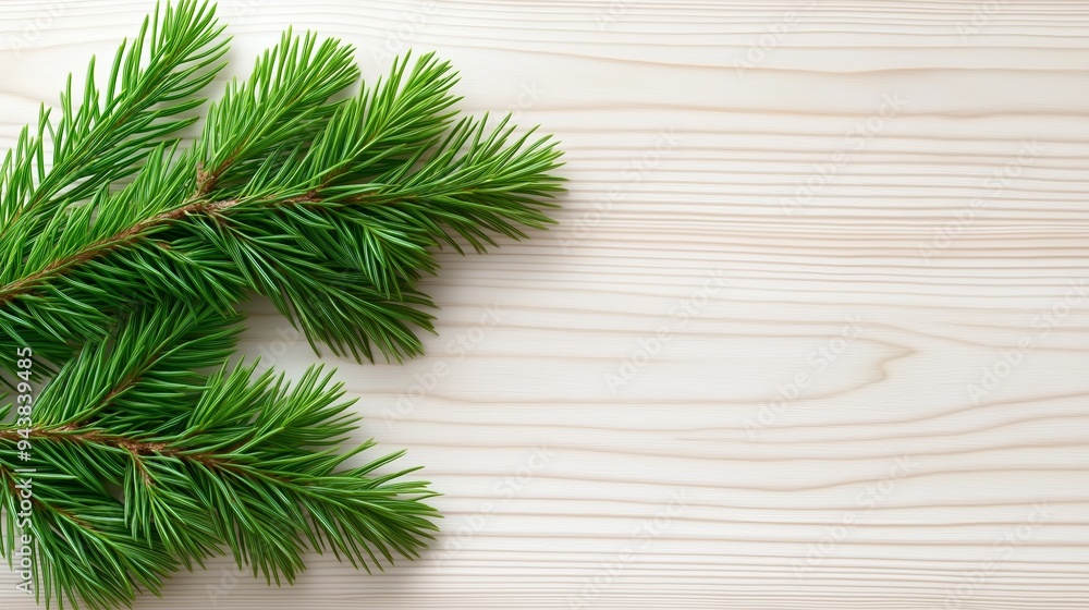 Poster a green pine tree branch is on a wooden surface. the branch is the main focus of the image, and it i
