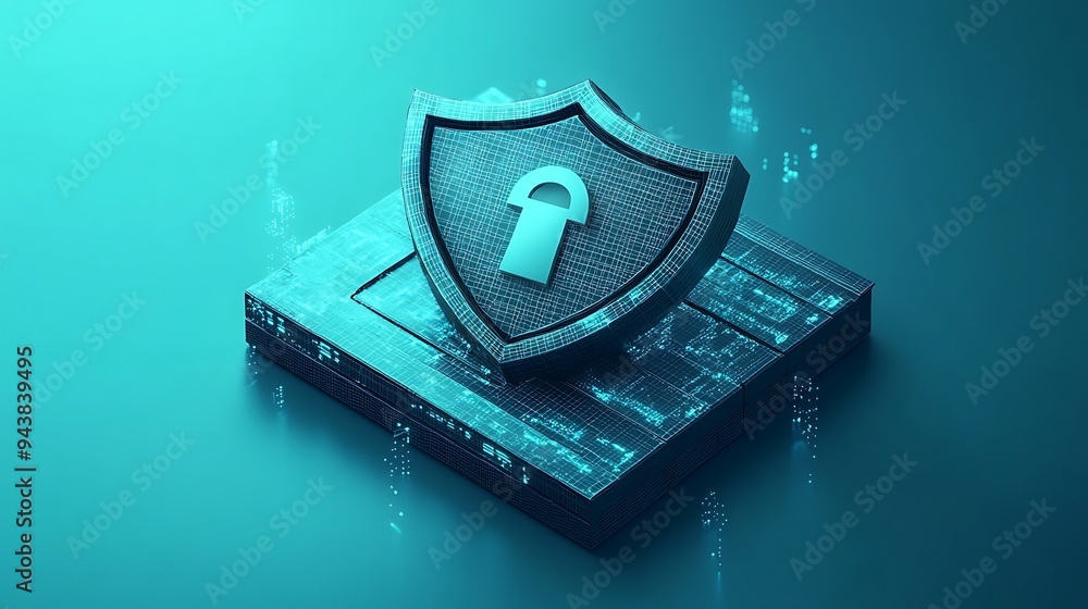 Poster digital cybersecurity concept with a shield and lock, symbolizing data protection and network securi