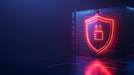 Digital cybersecurity concept with neon shield and plug icon on futuristic dark background, representing data protection and safety.