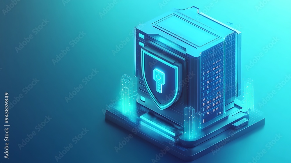 Poster digital cybersecurity server with shield icon representing data protection technology in a futuristi