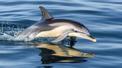 A solitary dolphin swimming near the surface, its dorsal fin slicing through the water