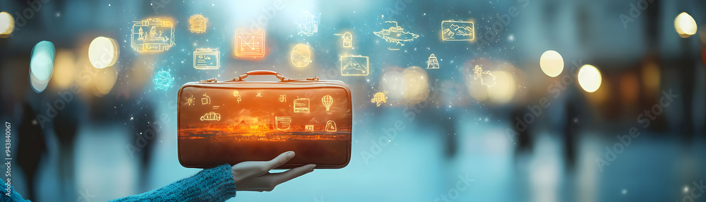 Poster person with magic suitcase and floating travel icons concept as a person holding a magic suitcase wi