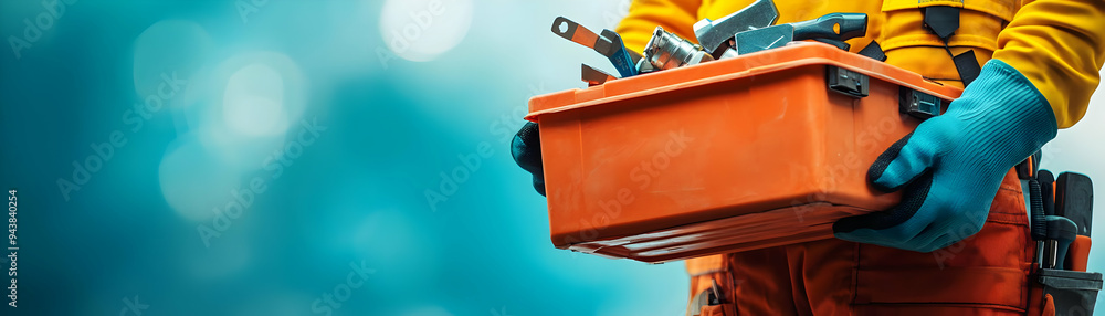 Poster person with hovering toolbox and tools concept as a person holding a hovering toolbox with tools flo