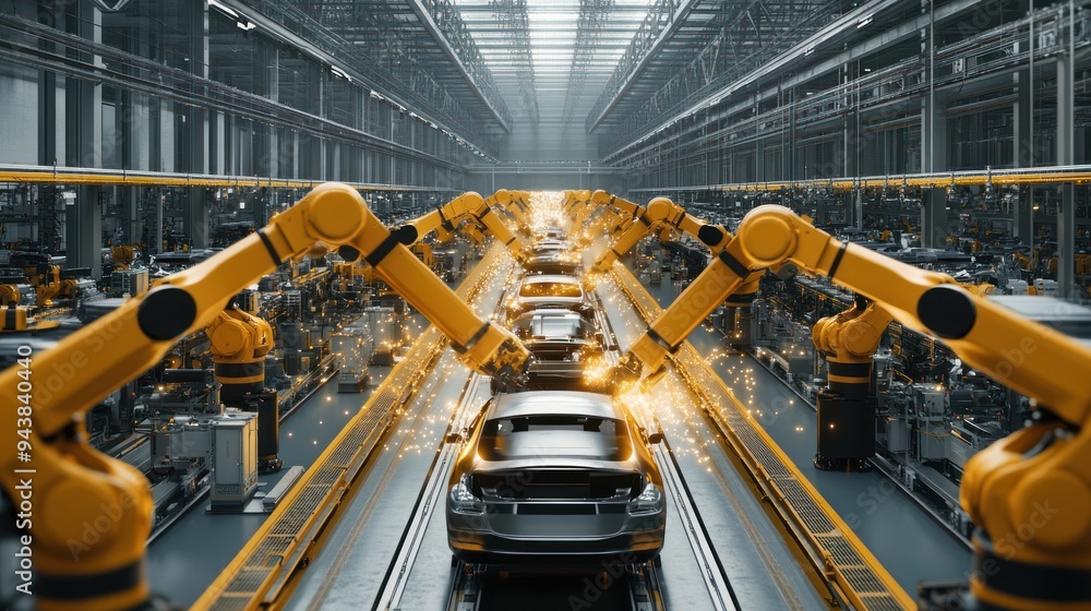 Poster assembly line robots working on cars
