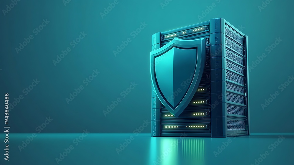 Poster digital graphic of a secure server with a shield symbol, representing data security, cloud storage, 